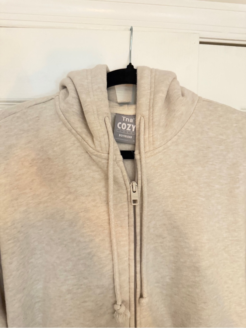 Aritzia TNA Cozy Fleece Boyfriend Zip up Hoodie Jacket, Heather Cream - Medium - Picture 3 of 4